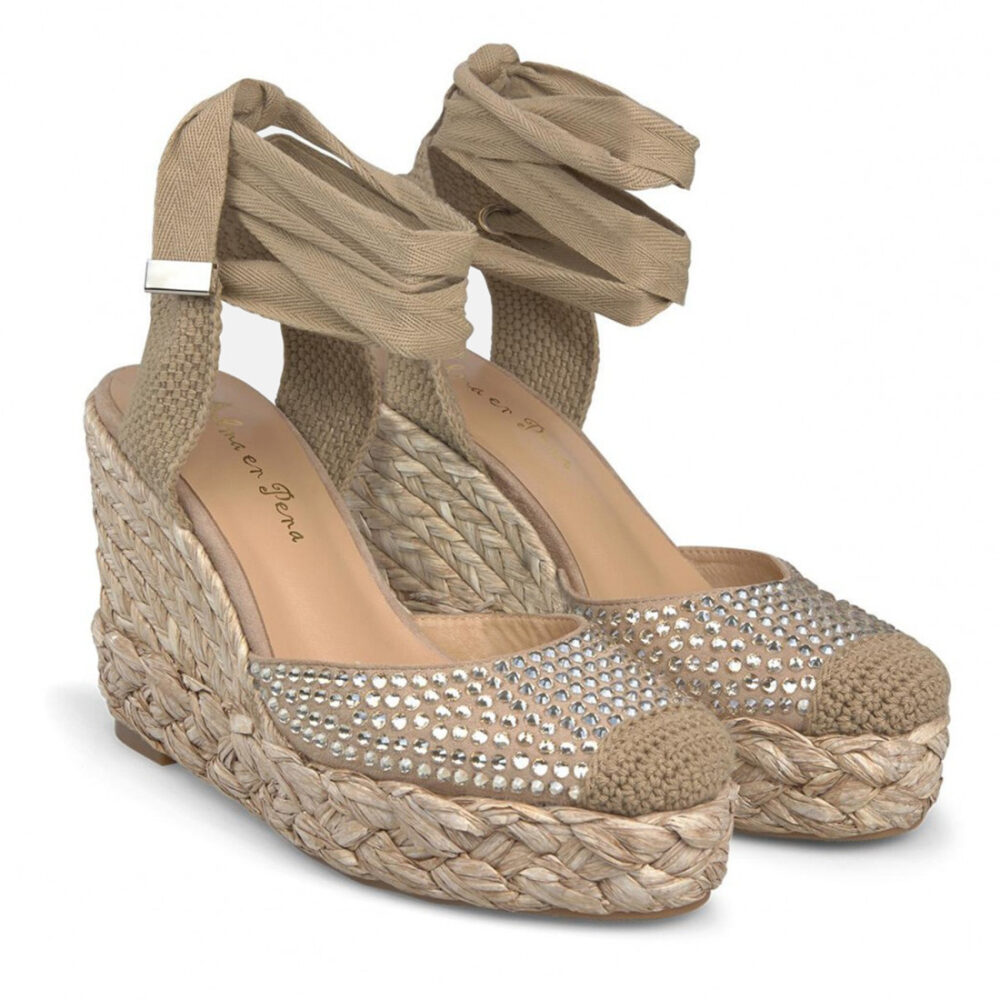 Sandalo Alma en Pena Buldon beige con strass e zeppa in rafia